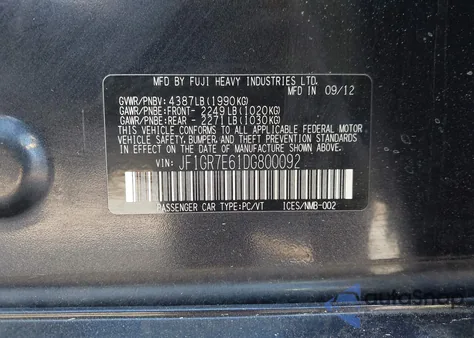 2013 Subaru Impreza Wrx Premium из США, поврежденный, VIN JF1GR7E61DG800092